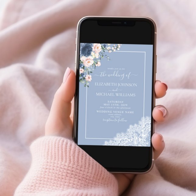 Elegant Dusty Blue Blush Lace Script Photo Wedding Invitation (Creator Uploaded)