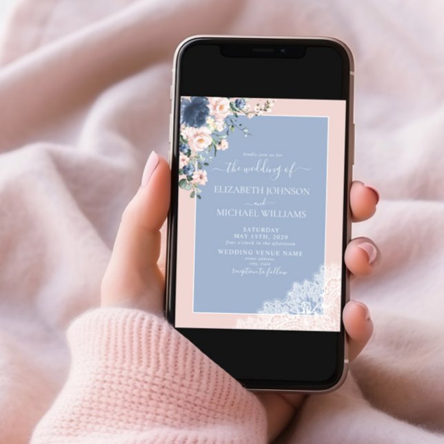 Elegant Dusty Blue Blush Lace Script Photo Wedding Invitation (Creator Uploaded)