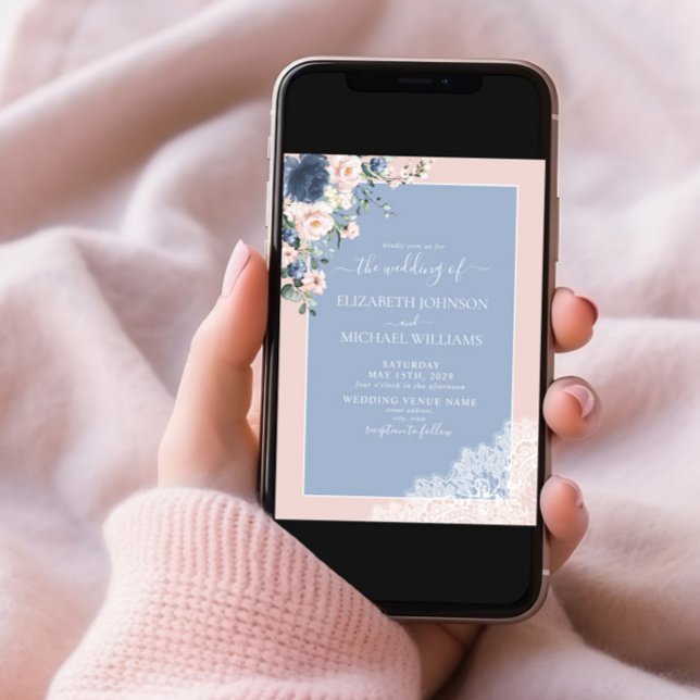 Elegant Dusty Blue Blush Lace Script Photo Wedding Invitation (Creator Uploaded)