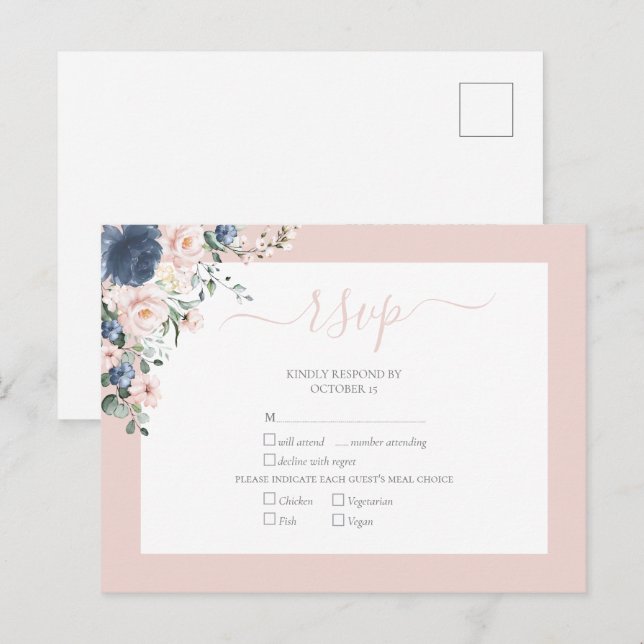 Elegant Dusty Blue Blush Lace Script RSVP Invitation Postcard (Front/Back)