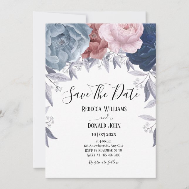 Elegant Dusty Blue Blush Pink Floral Rose  Invitation (Front)