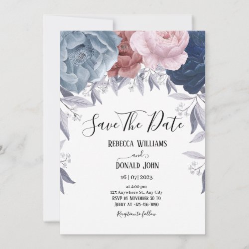 Elegant Dusty Blue Blush Pink Floral Rose  Invitation