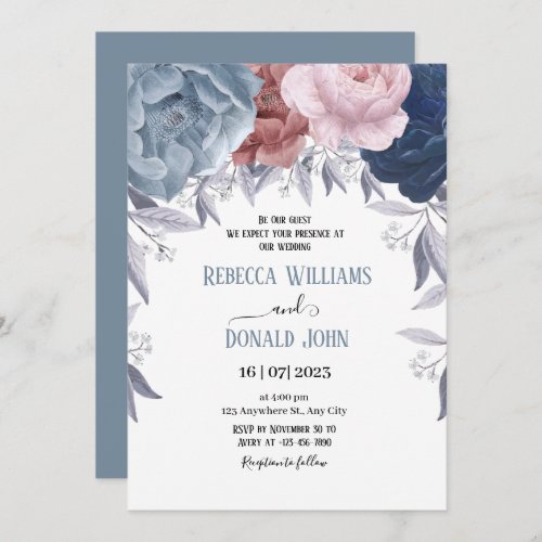 Elegant Dusty Blue Blush Pink Floral Rose wedding  Invitation