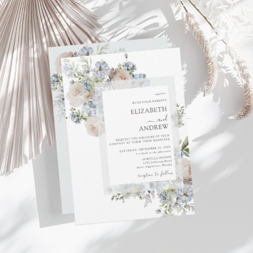 Elegant Dusty Blue  Blush Pink Floral Wedding Invitation