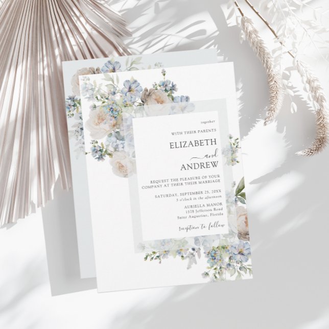 Elegant Dusty Blue & Blush Pink Floral Wedding Invitation (Creator Uploaded)