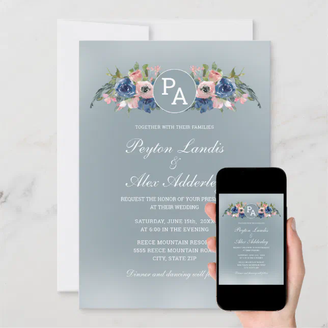 Elegant Dusty Blue Blush Pink Floral Wedding Invitation Zazzle