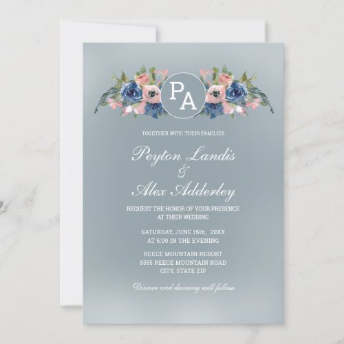 Elegant Dusty Blue Blush Pink Floral Wedding Invitation