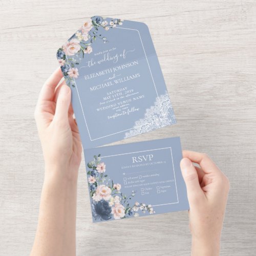 Elegant Dusty Blue Blush Pink Rustic Lace All In O All In One Invitation