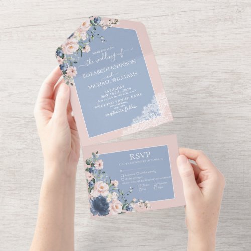 Elegant Dusty Blue Blush Pink Rustic Lace All In One Invitation