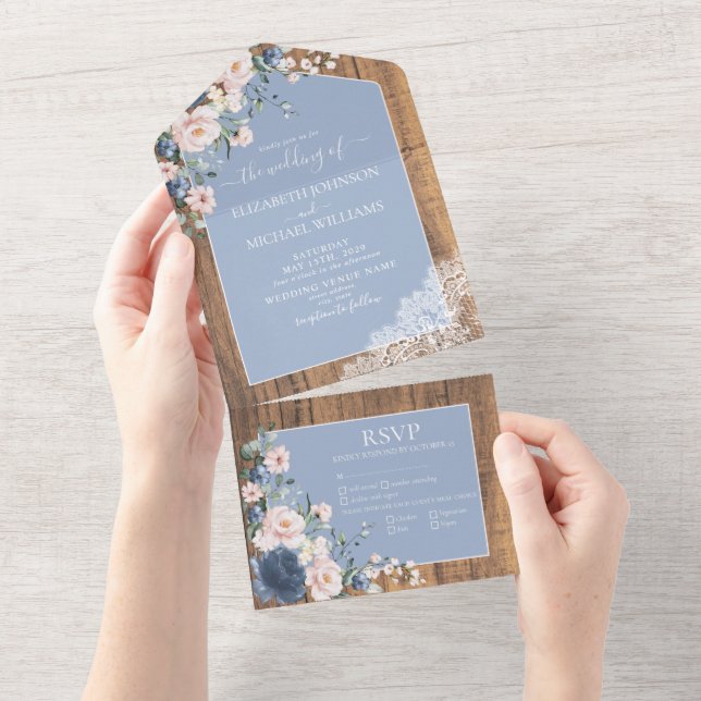 Elegant Dusty Blue Blush Rustic Lace Wedding All In One Invitation (Tearaway)