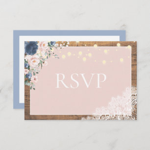Elegant Dusty Blue Blush Rustic Wood Lace Script RSVP Card