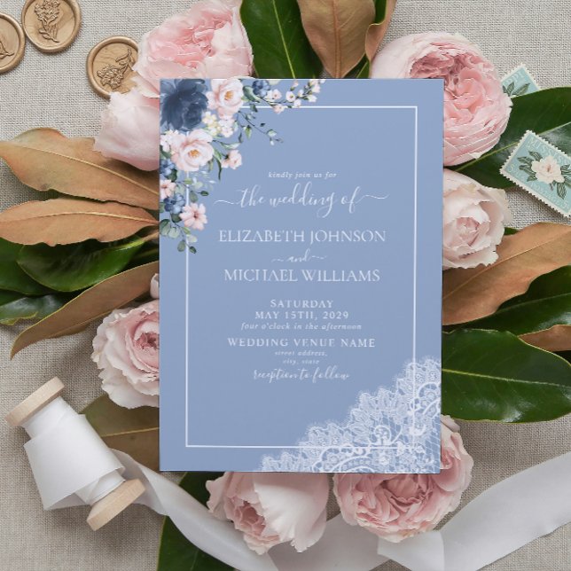 Elegant Dusty Blue Blush Rustic Wood Lace Wedding Invitation (Creator Uploaded)