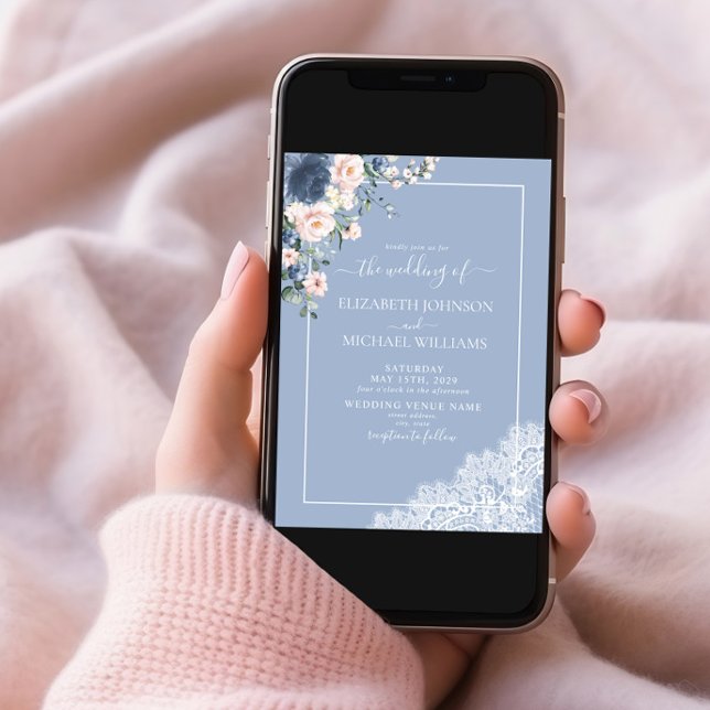 Elegant Dusty Blue Blush Rustic Wood Lace Wedding Invitation (Creator Uploaded)