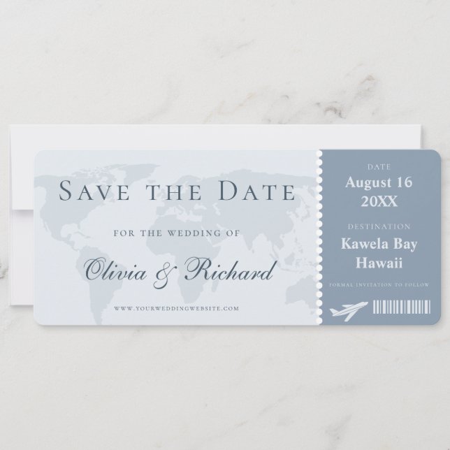 Elegant Dusty Blue Boarding Pass Save the Date Invitation (Front)
