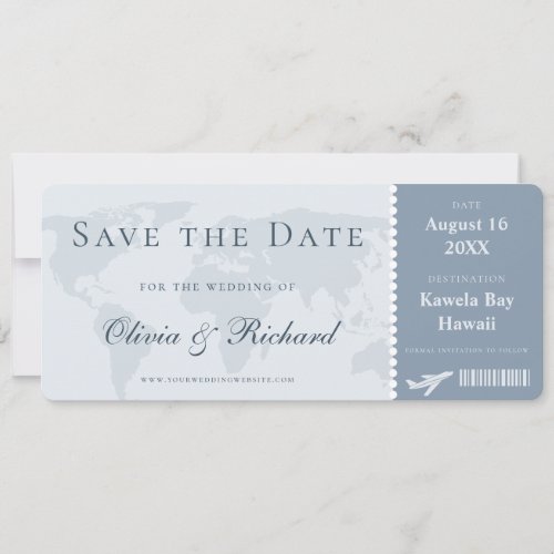 Elegant Dusty Blue Boarding Pass Save the Date Invitation