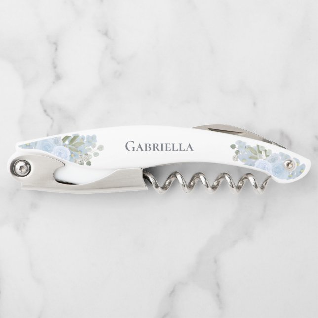 Elegant Dusty Blue Boho Floral Bridesmaid Name Waiter's Corkscrew (Front)