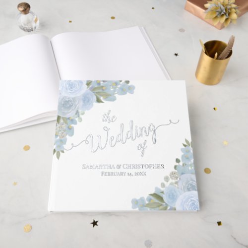 Elegant Dusty Blue Boho Floral Foil Wedding Foil Guest Book