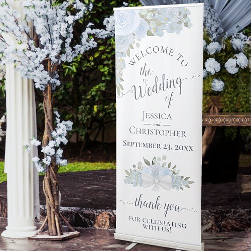 Elegant Dusty Blue Boho Floral Wedding Welcome Retractable Banner