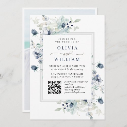 Elegant Dusty Blue Boho Foliage Wedding QR code Invitation