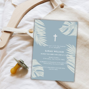 Elegant Dusty Blue Boho Leaves Cross Baptism  Invitation