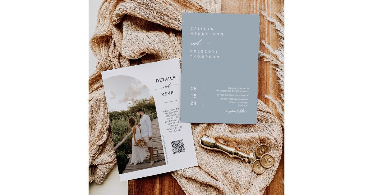 Elegant Dusty Blue Boho Photo QR Code Wedding Invi Invitation | Zazzle