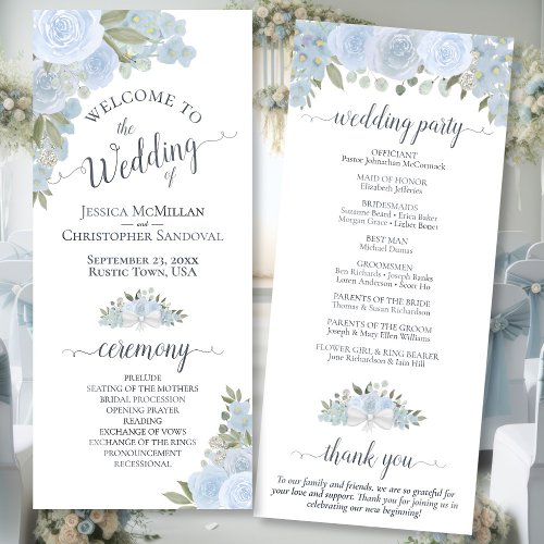 Elegant Dusty Blue Boho Watercolor Floral Wedding Program