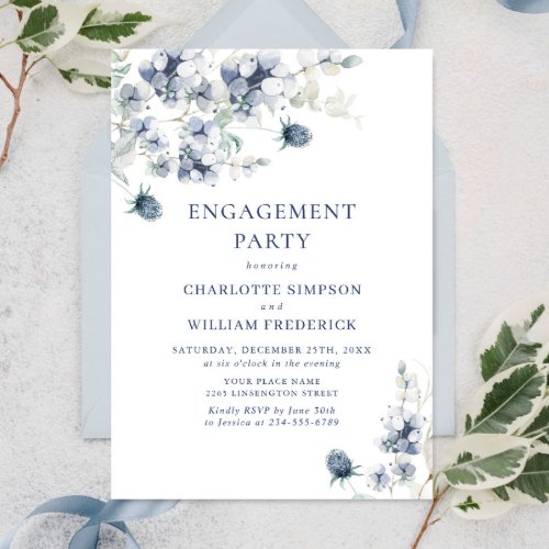 Elegant Dusty Blue Boho Winter ENGAGEMENT PARTY Invitation