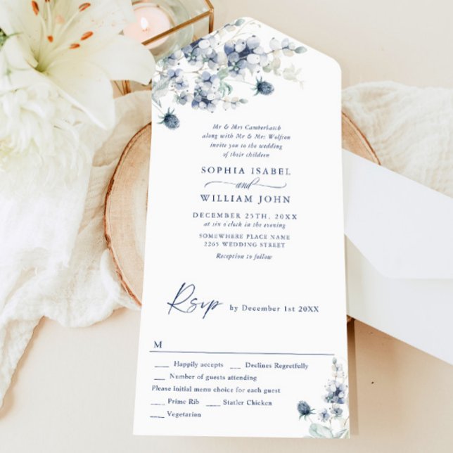 Elegant Dusty Blue Boho Winter Foliage Wedding All In One Invitation (Creator Uploaded)