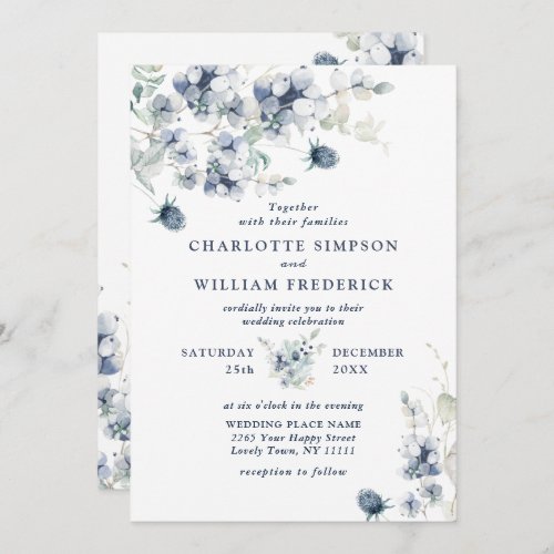 Elegant Dusty Blue Boho Winter Foliage Wedding Invitation