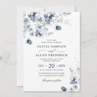 Elegant Dusty Blue Boho Winter Foliage Wedding Invitation