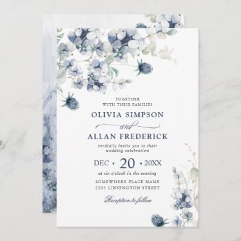 Elegant Dusty Blue Boho Winter Foliage Wedding Invitation by Elle_Design at Zazzle