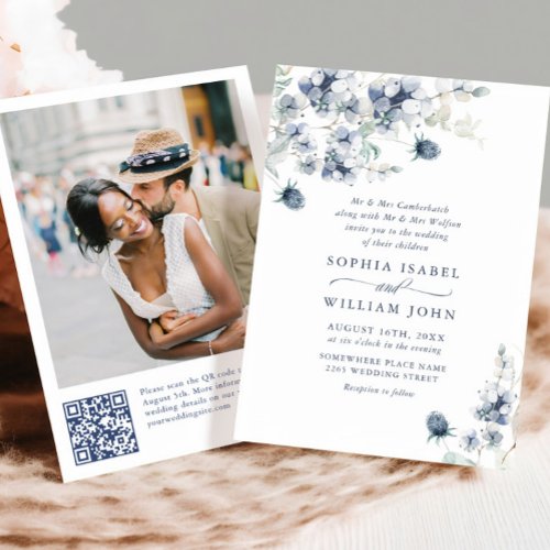 Elegant Dusty Blue Boho Winter Foliage Wedding Invitation