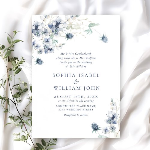 Elegant Dusty Blue Boho Winter Foliage Wedding Invitation