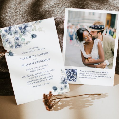 Elegant Dusty Blue Boho Winter Foliage Wedding Invitation