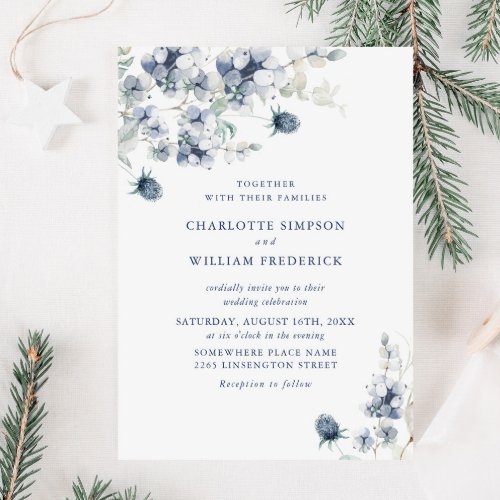 Elegant Dusty Blue Boho Winter Foliage Wedding Invitation