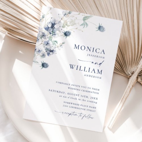 Elegant Dusty Blue Boho Winter Foliage Wedding Invitation