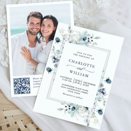 Elegant Dusty Blue Boho Winter Foliage Wedding Invitation