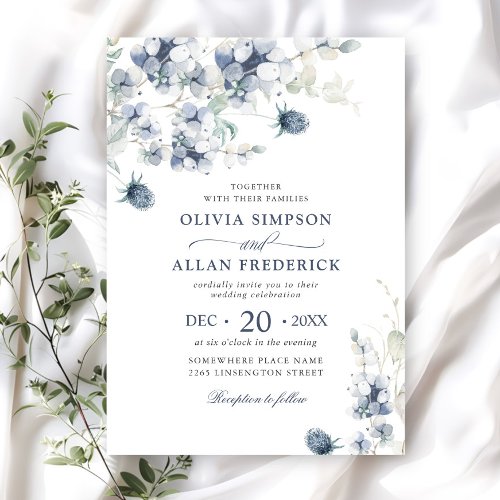 Elegant Dusty Blue Boho Winter Foliage Wedding Invitation