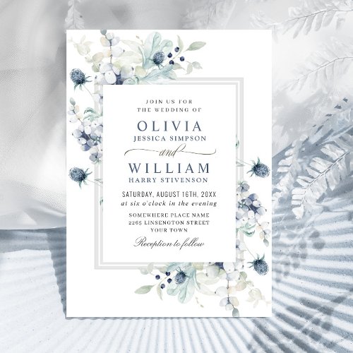 Elegant Dusty Blue Boho Winter Foliage Wedding Invitation