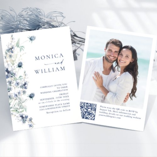 Elegant Dusty Blue Boho Winter Foliage Wedding Invitation