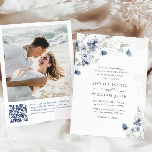 Elegant Dusty Blue Boho Winter Foliage Wedding Invitation