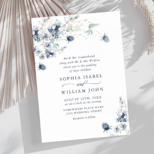 Elegant Dusty Blue Boho Winter Foliage Wedding Invitation