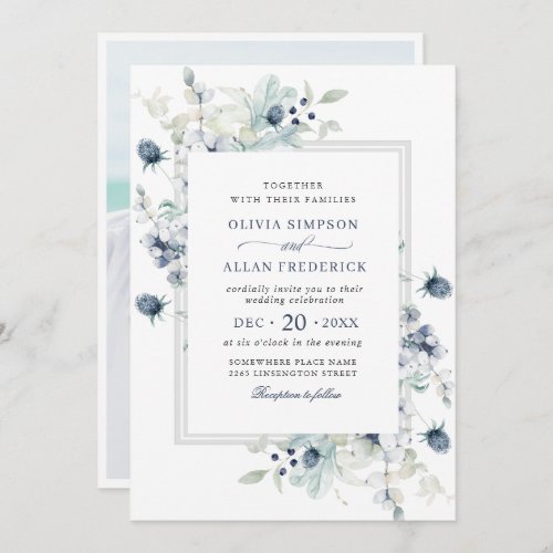 Elegant Dusty Blue Boho Winter Foliage Wedding Invitation