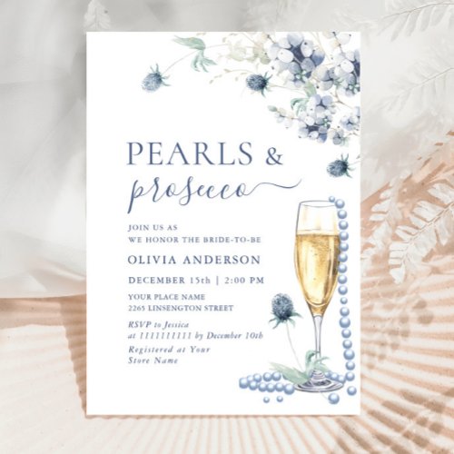 Elegant Dusty Blue Boho Winter PEARLS  Prosecco Invitation