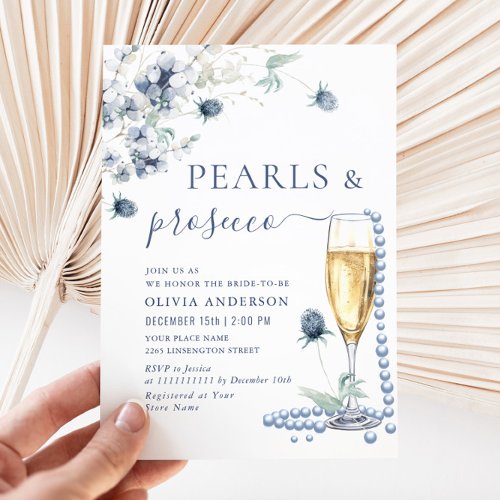 Elegant Dusty Blue Boho Winter PEARLS  Prosecco Invitation