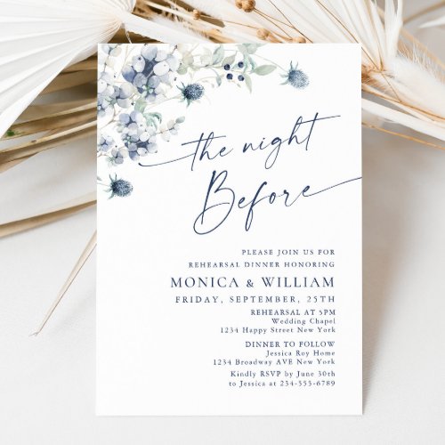 Elegant Dusty Blue Boho Winter Rehearsal Dinner Invitation