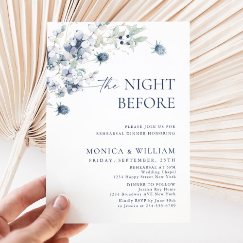 Elegant Dusty Blue Boho Winter Rehearsal Dinner Invitation