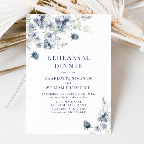 Elegant Dusty Blue Boho Winter Rehearsal Dinner Invitation