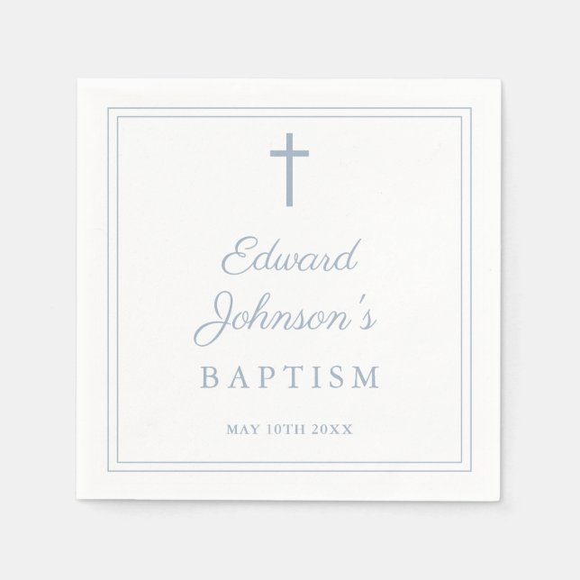 Elegant Dusty Blue Border Baptism Napkins (Front)