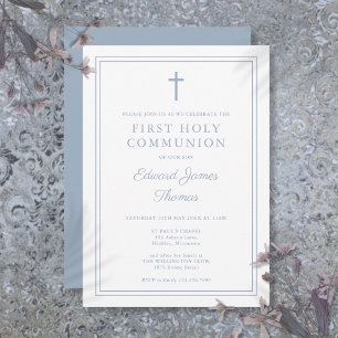 Elegant Dusty Blue Border First Holy Communion Invitation